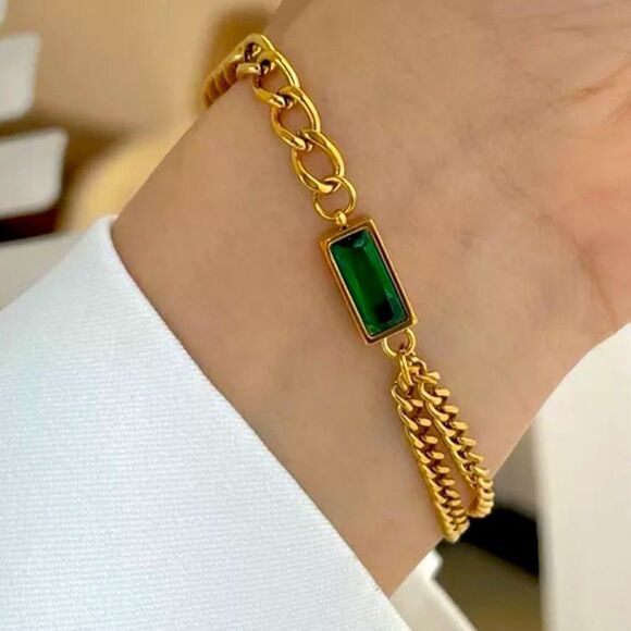 The Champion Bracelet 18K Gold Plated Link Chain w/ Green Gemstone - Picture 1 of 11